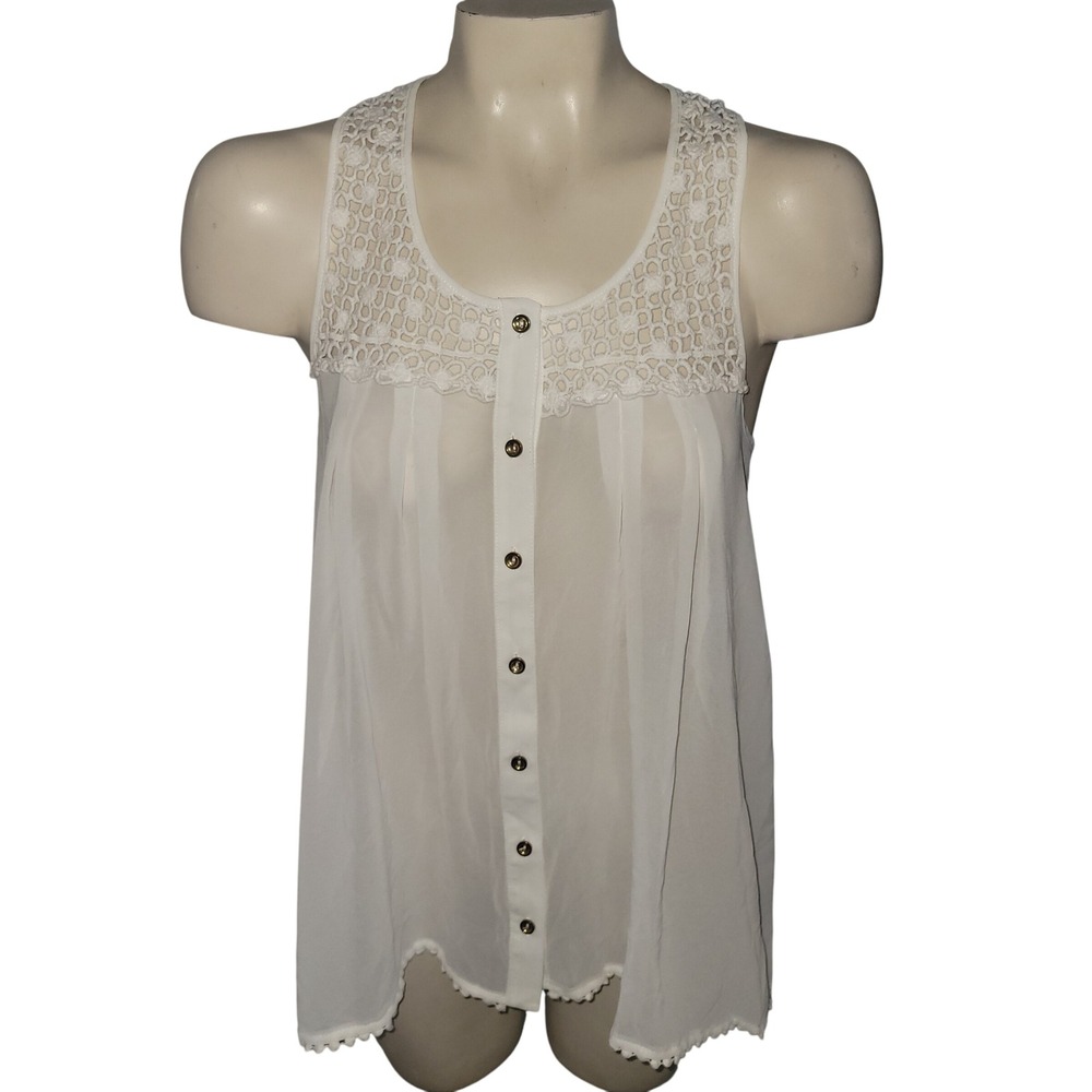 Monteau White Crochet Lace Sheer Button Front Sleeveless Tank Top beach sexy